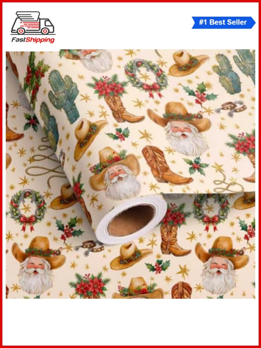 🎅 Western Christmas Wrapping Paper Roll Cowboy Santa Gift Wrap 17 in x 16.5 ft